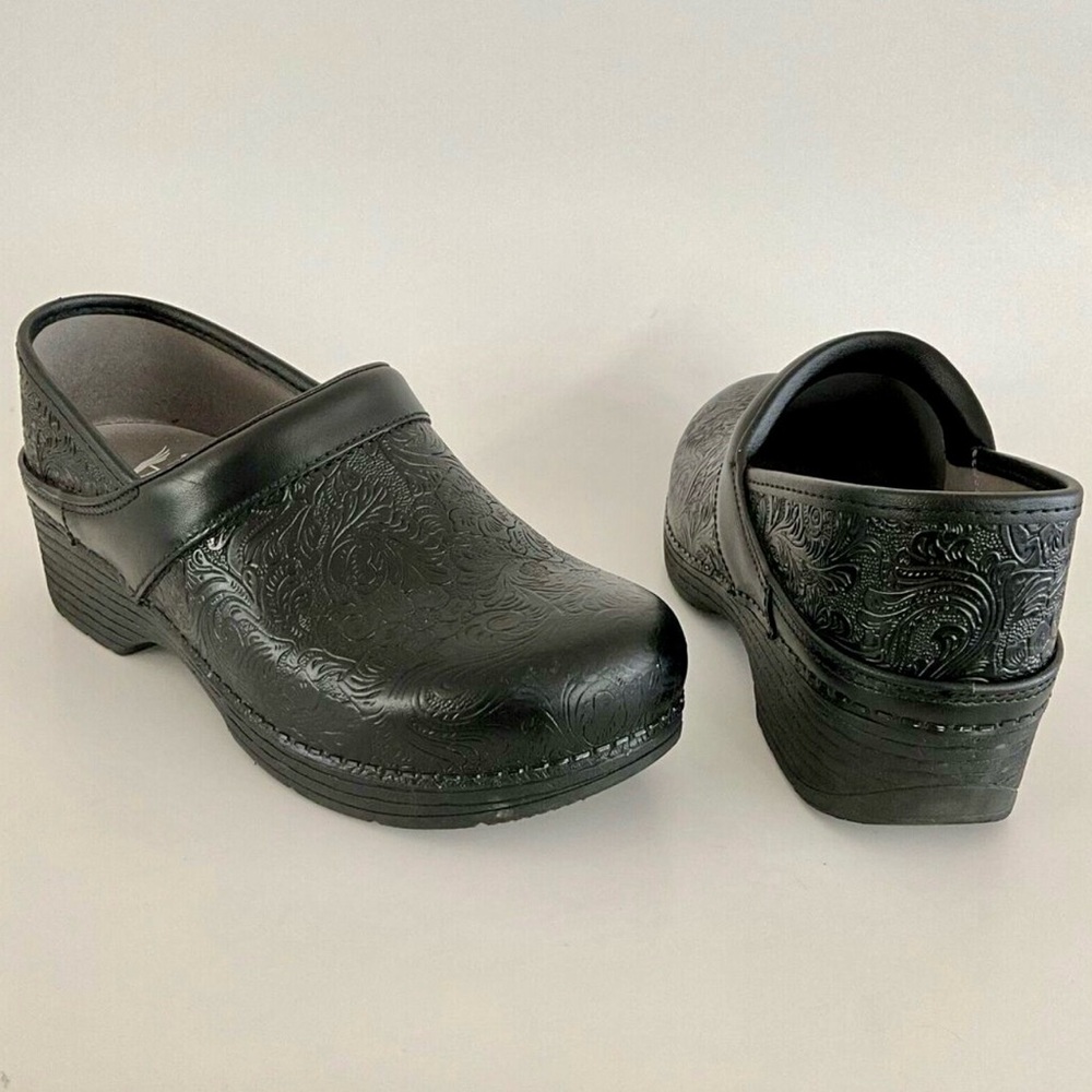 Dansko Black Embossed Leather Slip-On Clog Mule - Picture 2 of 8